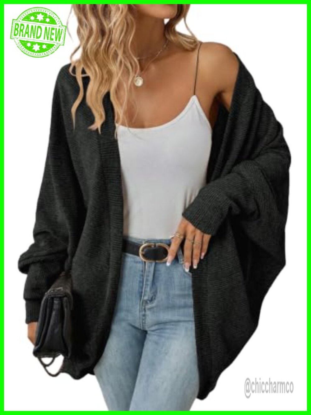 Sidefeel Oversized Cardigan Sweater Boho Batwing Sleeve Side Pockets